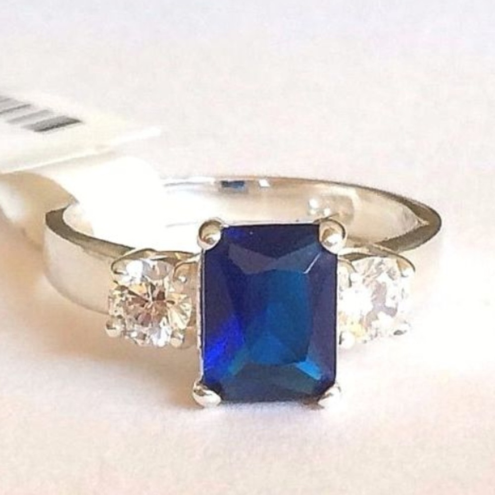925 Sterling Silver Sapphire Cocktail Triplet Ring Blue Cubic Zirconia Sz 8 9 10